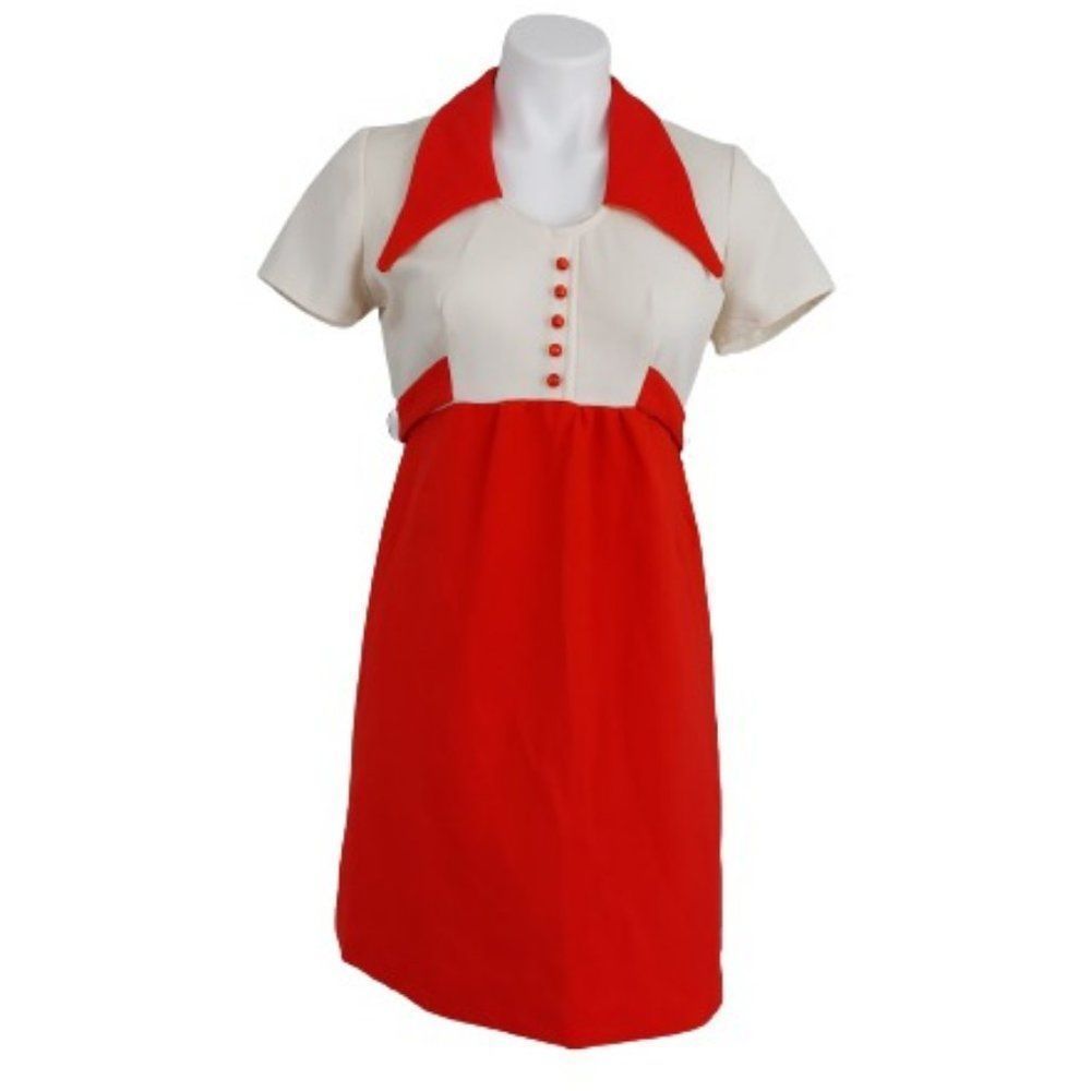 Vintage 60s 70s Orange White Dagger Collar A-Line Mod Dress Butterfly Collar